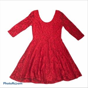 Red Quarter Sleeve Floral Lace Dress